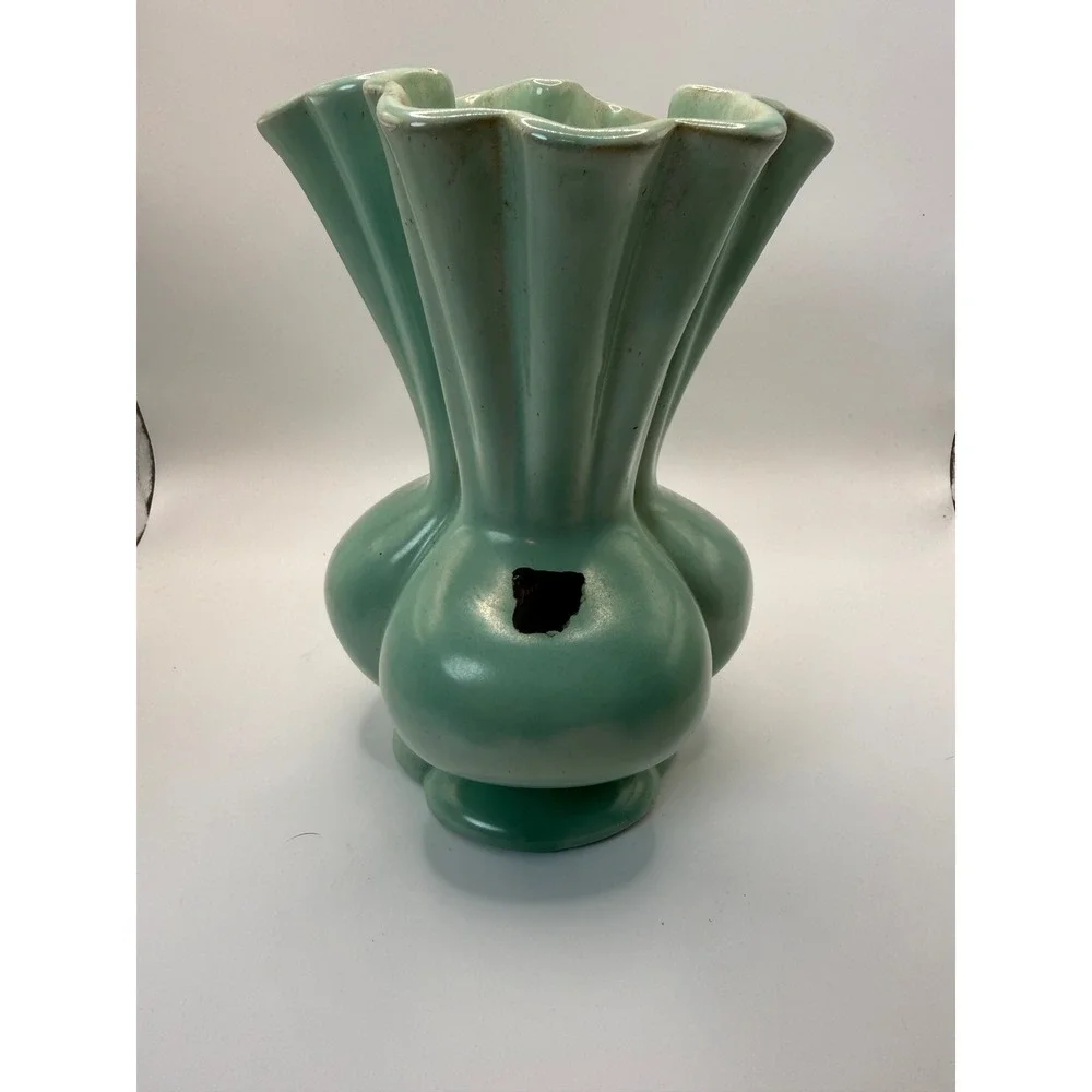 Vintage Camark Pottery Seafoam Green Ruffled Vase Lobed Base Mid Century MCM